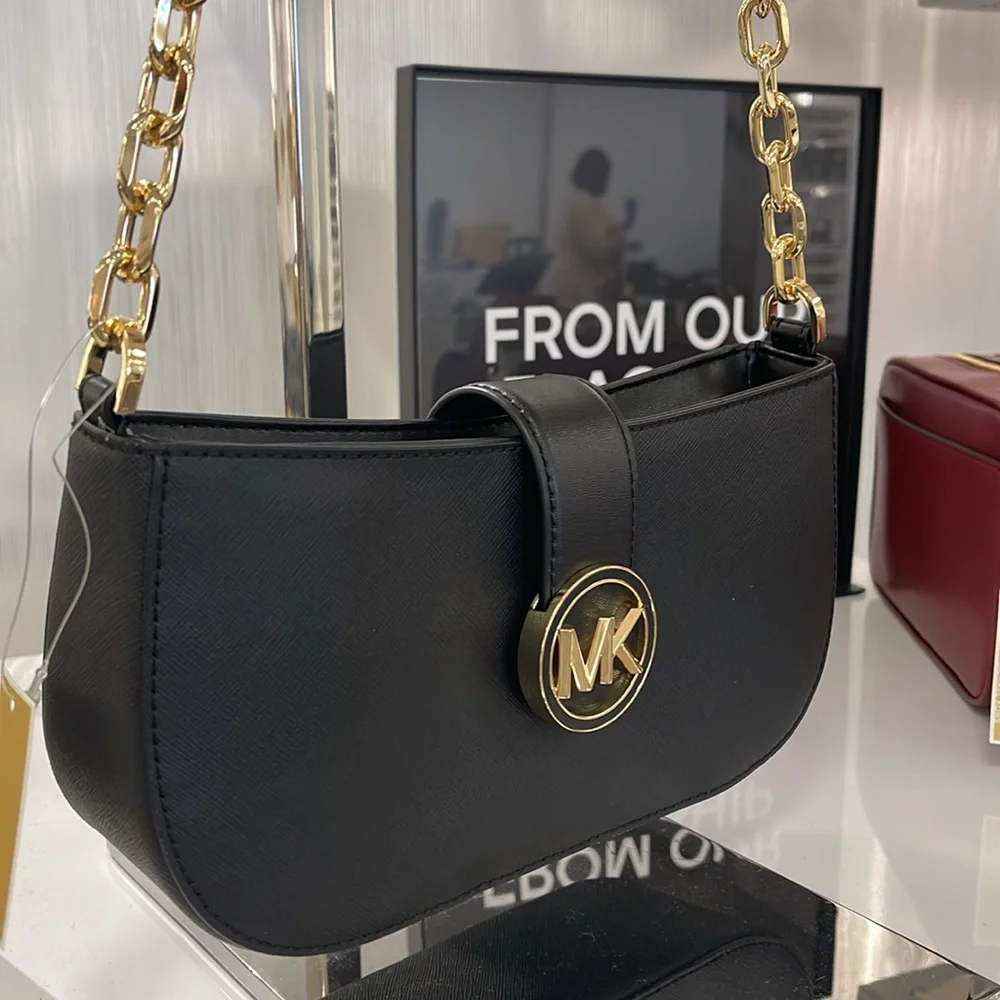 MICHAEL KORS CARMEN SMALL POUCHETTE SHOULDER CHAIN BAG BLACK/GOLD TONED HARDWARE - Picture 3 of 16